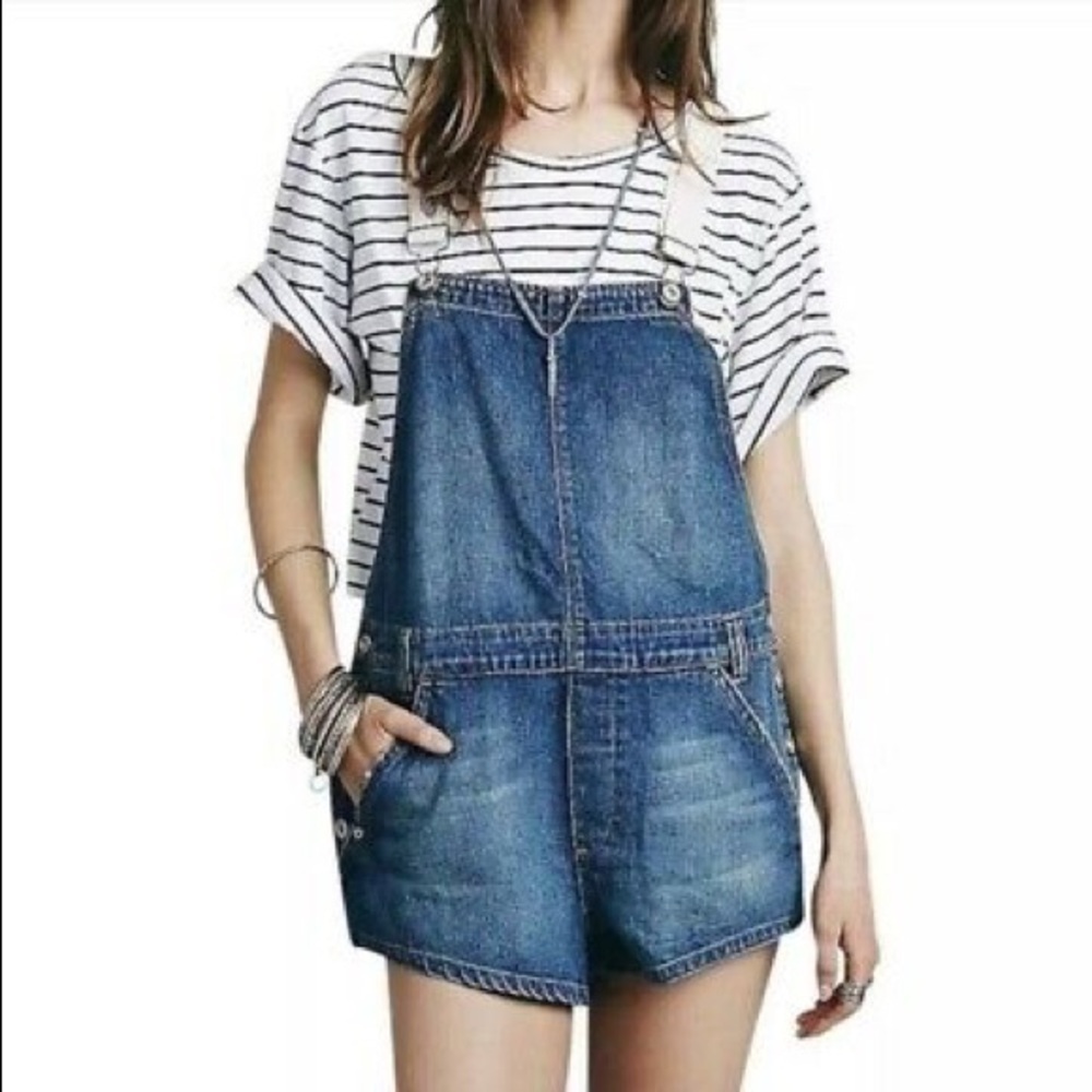 Free People Blue Overalls Shorts